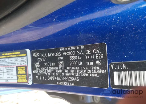 2017 Kia Forte Lx from USA, damaged, VIN 3KPFK4A76HE128446